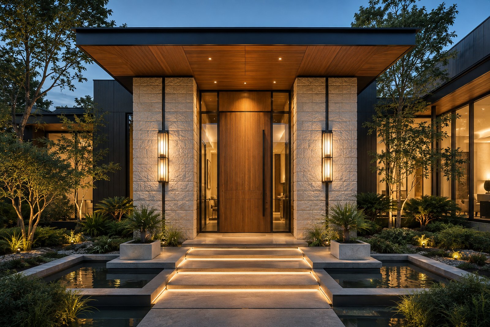 The lit entrance of a modern home at dusk, wood door flanked by stone and reflecting pools.